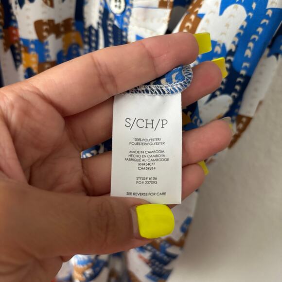 Cabi 6106 Jigsaw Blouse Button Front Ruffle V-Neck Blue Brown White Sz S - Picture 6 of 9